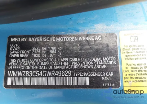 2016 Mini Countryman Cooper z USA, uszkodzony, nr VIN WMWZB3C54GWR49629